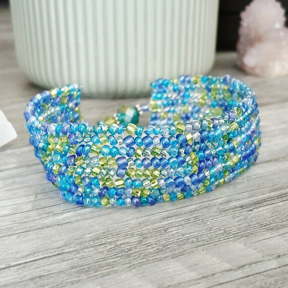 Boho Chic Beaded Bracelet, Green & Blue Seed Bead Jewelry, Herringbone 6" - Picture 11 of 11